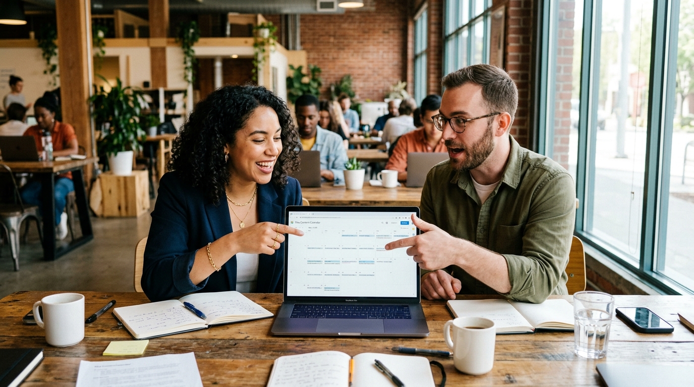 A small business owner and a content strategist collaborating over a laptop in a bright, modern office.