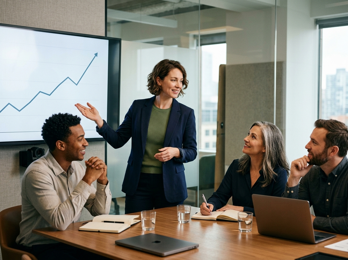 A marketing team lead presenting a graph showing upward trends in organic traffic to her engaged team.