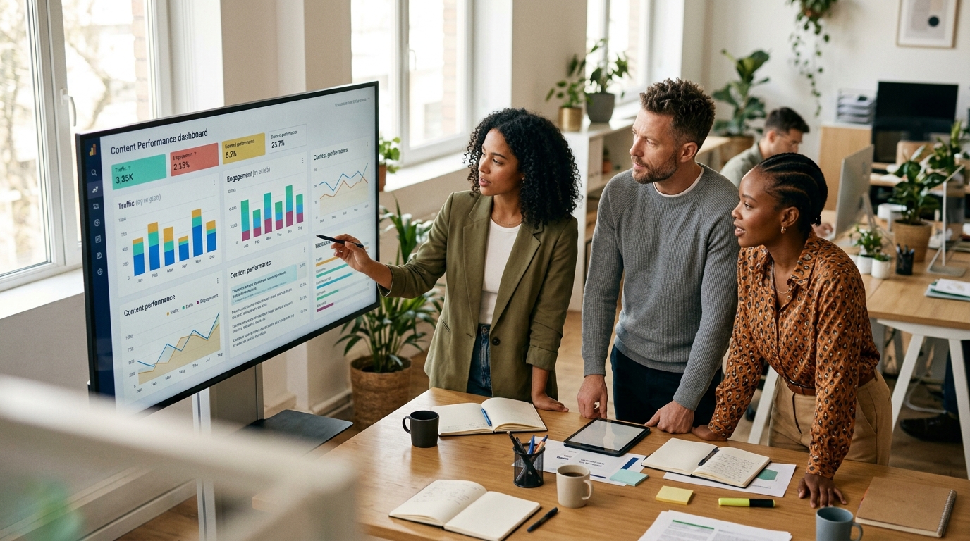 A diverse team of content strategists collaborating around a large monitor showing data dashboards.