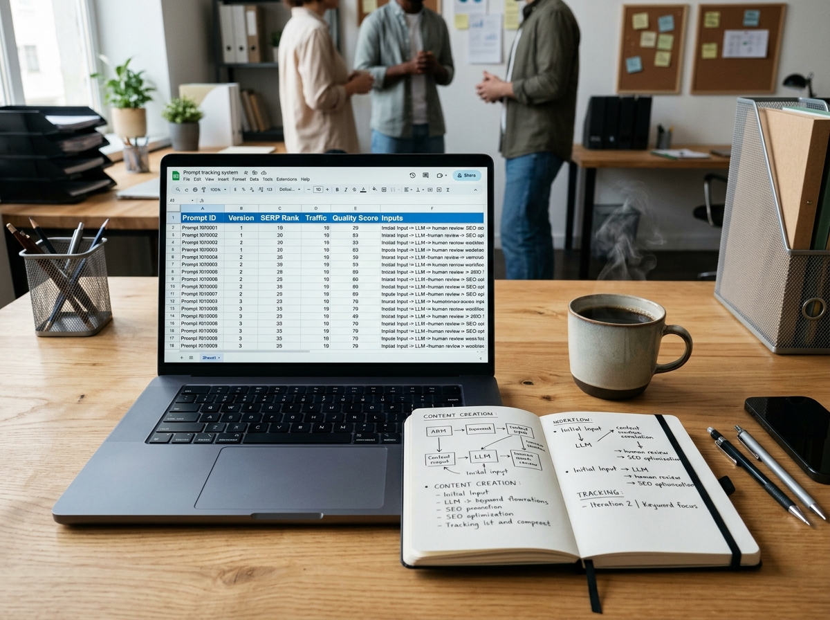 An organized desk with a laptop showing a spreadsheet for prompt tracking.
