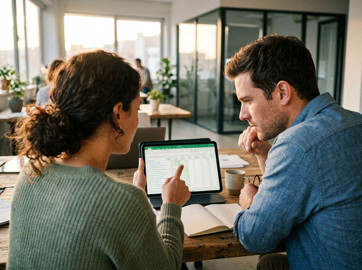 Two marketing professionals analyzing SERP data on a tablet in a modern office.