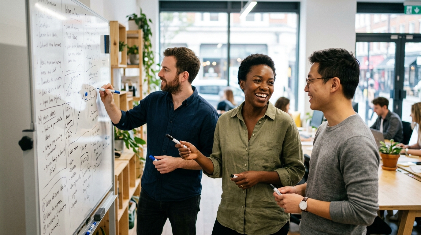 A diverse team of startup founders brainstorming an SEO article strategy on a whiteboard.
