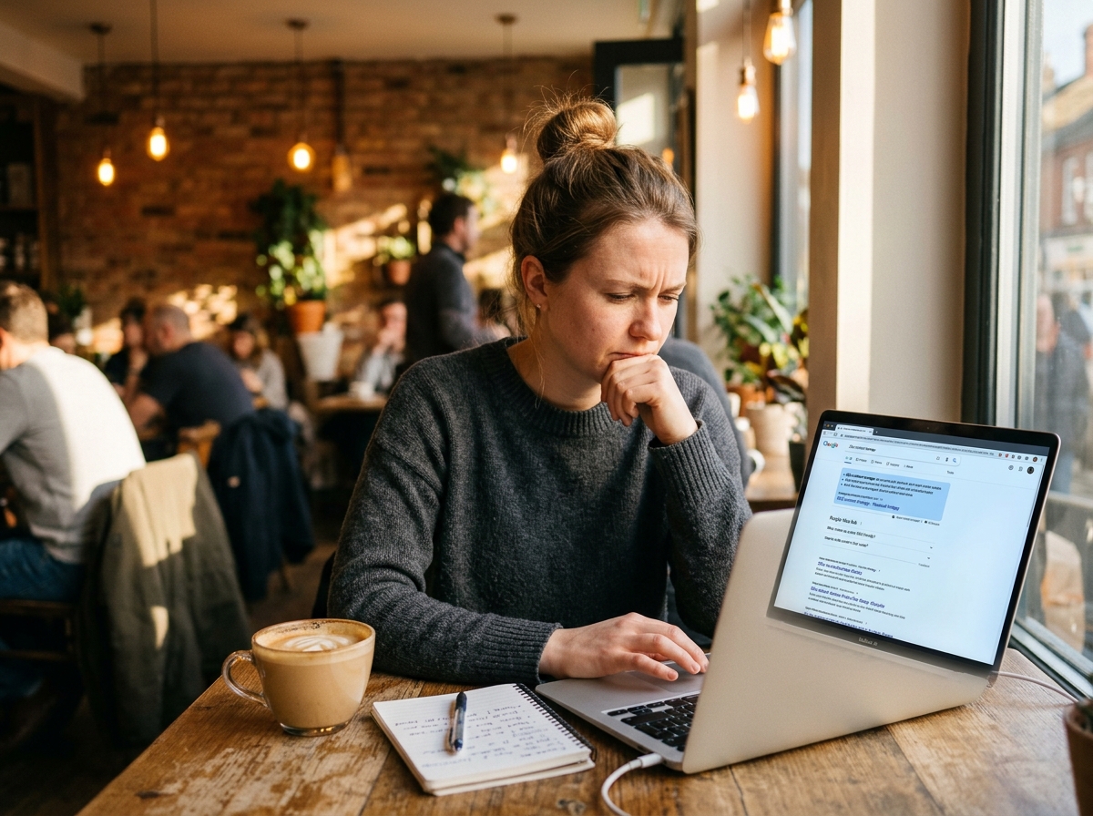 A solo founder analyzing a search engine results page on a laptop in a cafe to understand search intent.