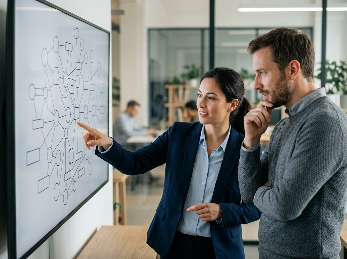 Two content strategists discussing entity mapping on a large screen showing a semantic network graph.