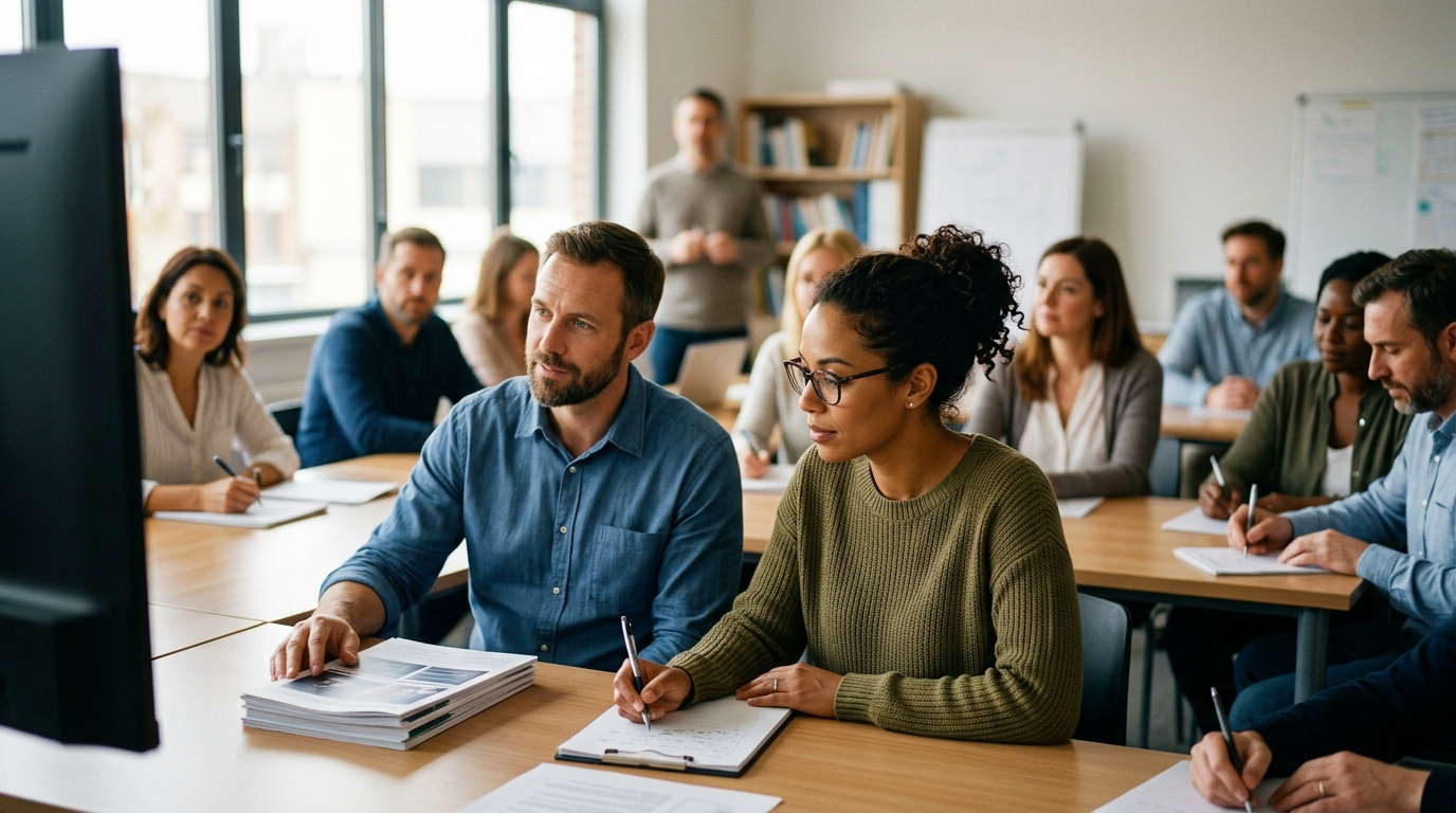 A professional SEO article writer working at a modern desk with two monitors.