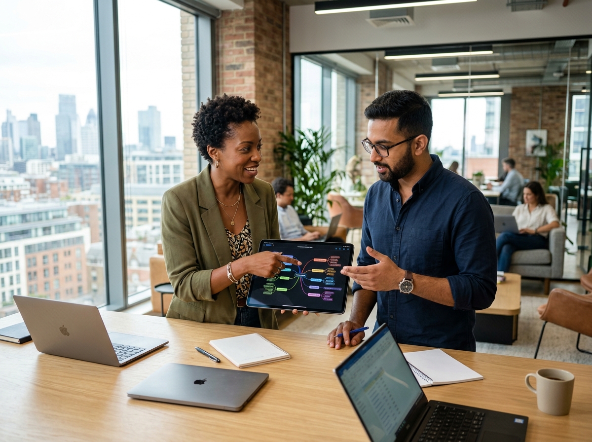 Two content strategists collaborating with an AI tool on a large tablet in a creative office.