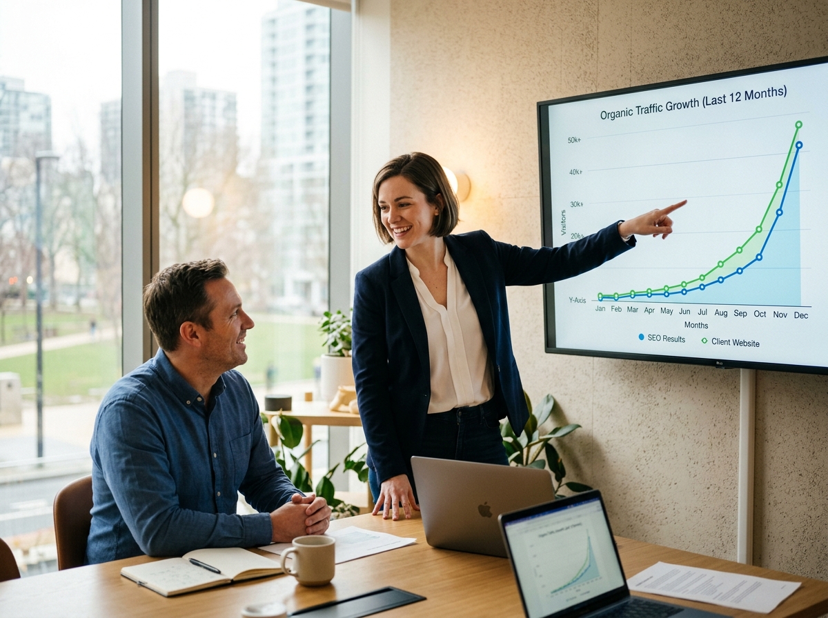 A confident freelance SEO writer presenting a successful case study to a client.