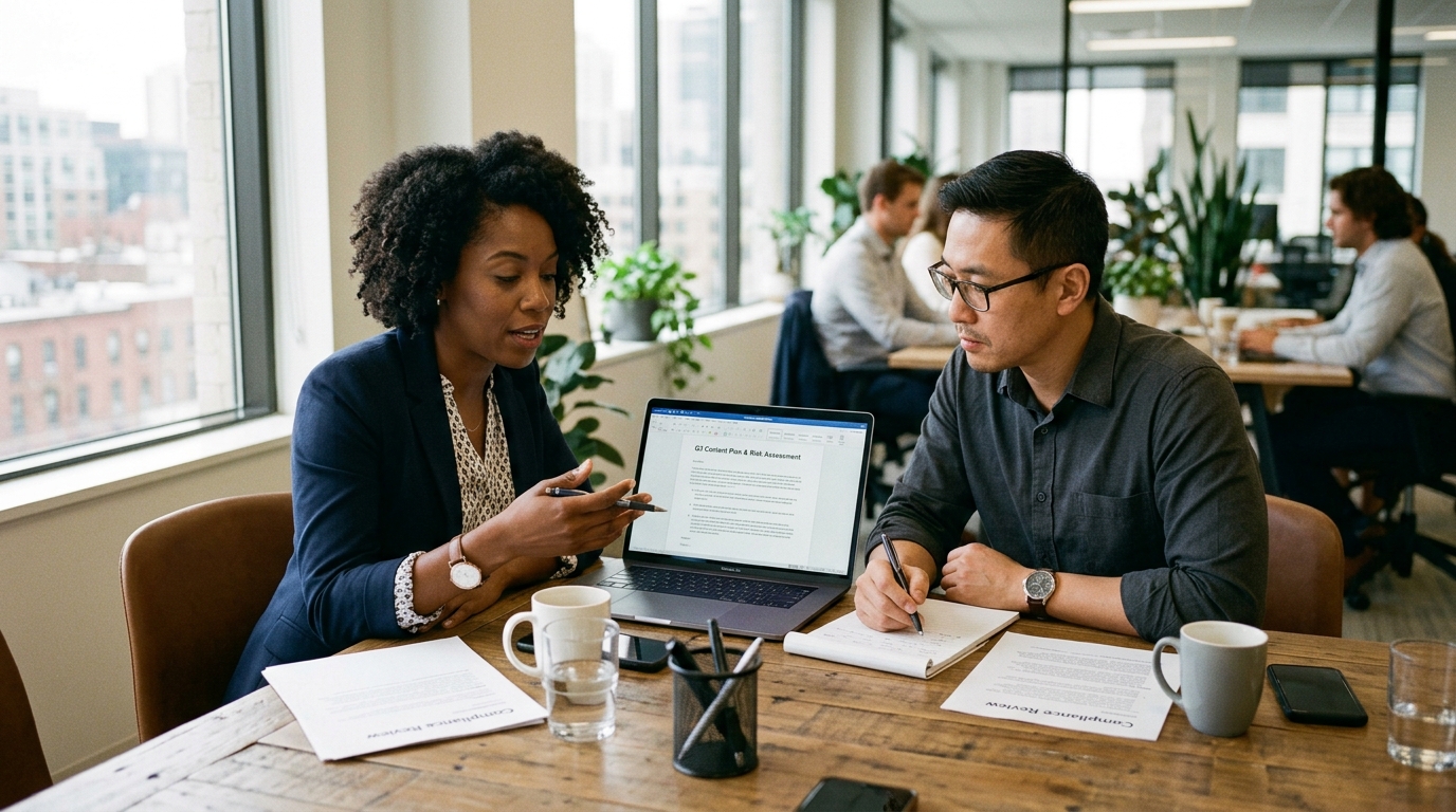 A content strategist and a legal advisor collaboratively reviewing a document on a laptop in a modern office.