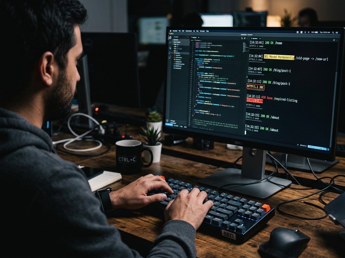 An SEO specialist's hands typing on a keyboard with server status codes like '301' and '410' visible on the screen.