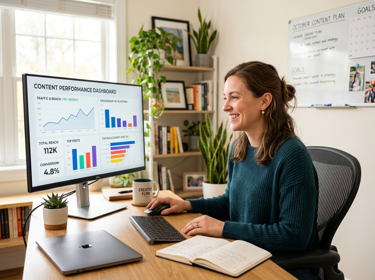 A small business owner smiling with accomplishment while reviewing a content performance dashboard on their monitor.