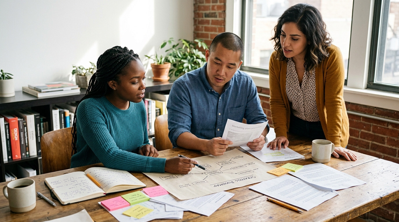 A diverse team of marketing professionals collaborating around a large monitor displaying content performance analytics.