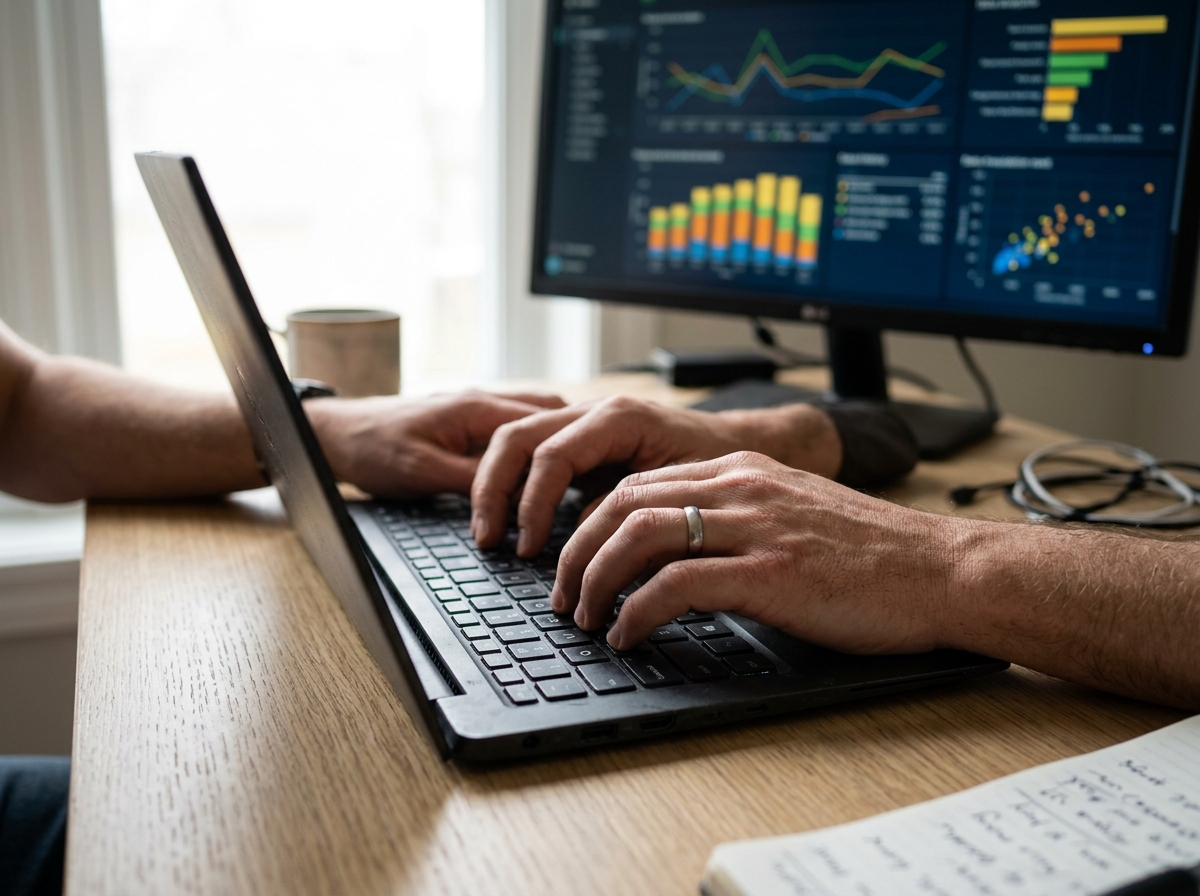 A content strategist typing on a laptop with a data-rich dashboard in the background.