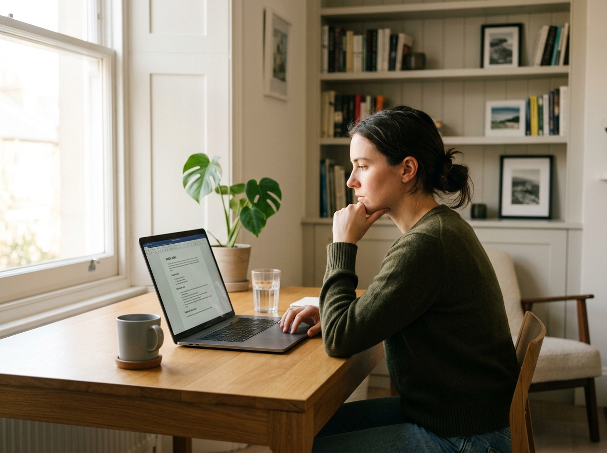 A solo founder working efficiently in a home office, reviewing an AI-generated article outline on a laptop.