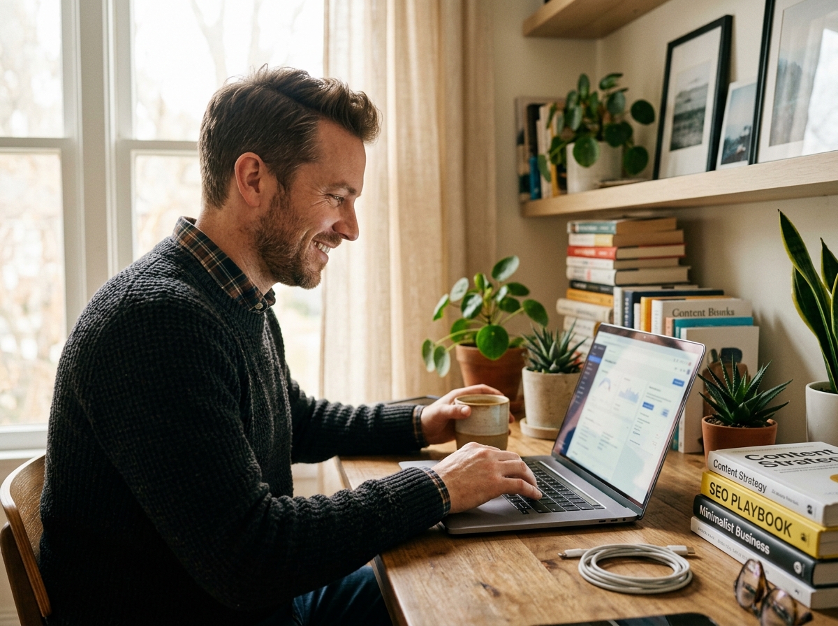A creative team collaborating in a modern office, pointing at a large screen with an AI content analysis tool that shows competitor data.