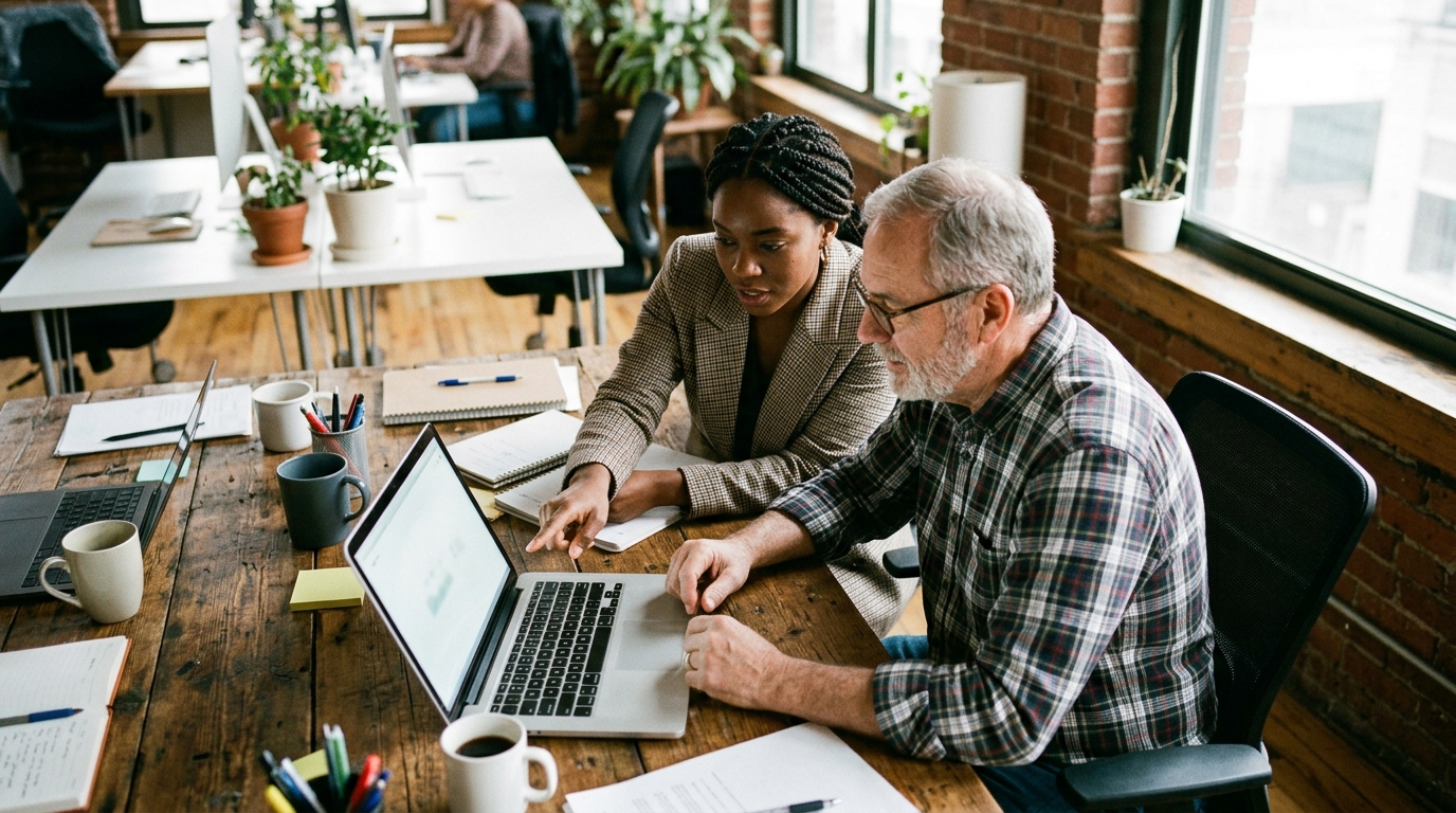 A content strategist and a small business owner collaborating over a laptop showing keyword research data.