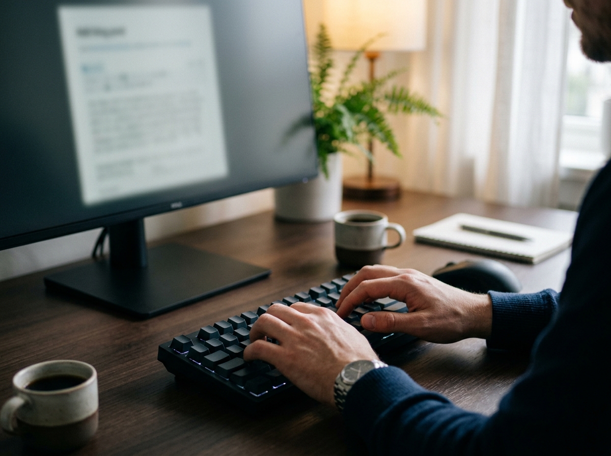 A close-up of a writer's hands optimizing an SEO article in a blog post editor.