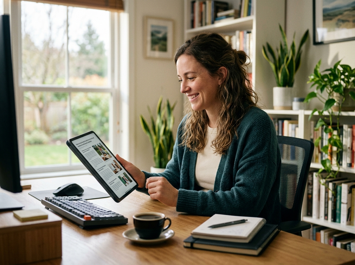 A solo founder smiling confidently while reviewing a perfectly structured article on a tablet.