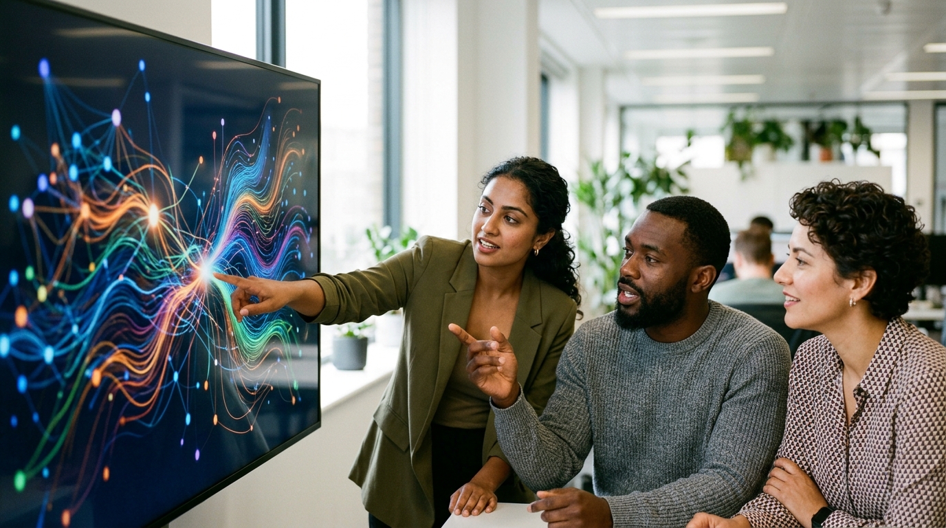 A marketing team collaborating around a large monitor displaying AI search visibility analytics.