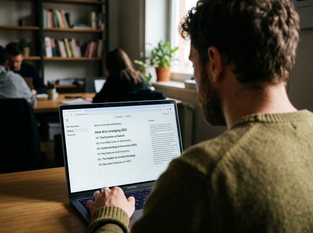 A close-up of a digital screen showing a content outline being automatically generated by AI.