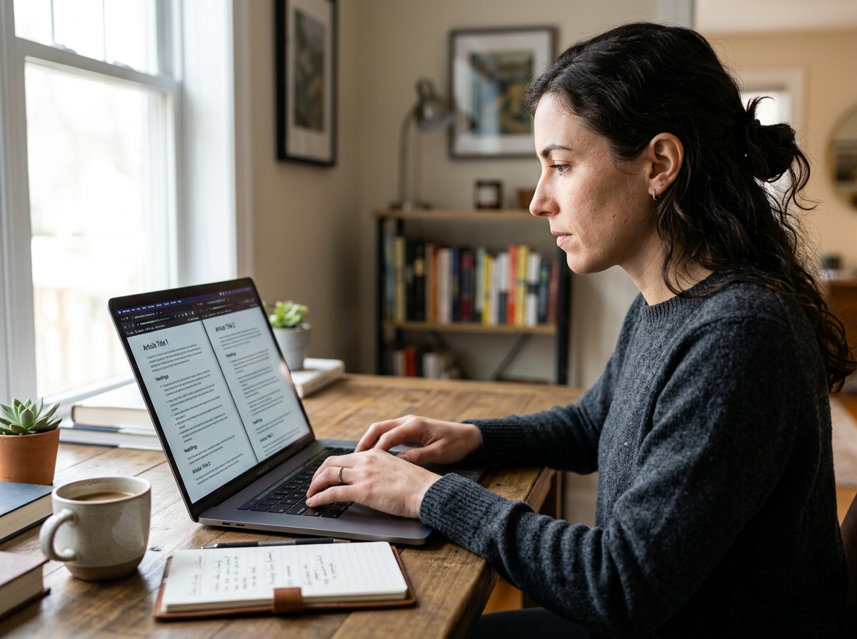A solo entrepreneur working on their laptop in a home office, analyzing a competitor's content structure.