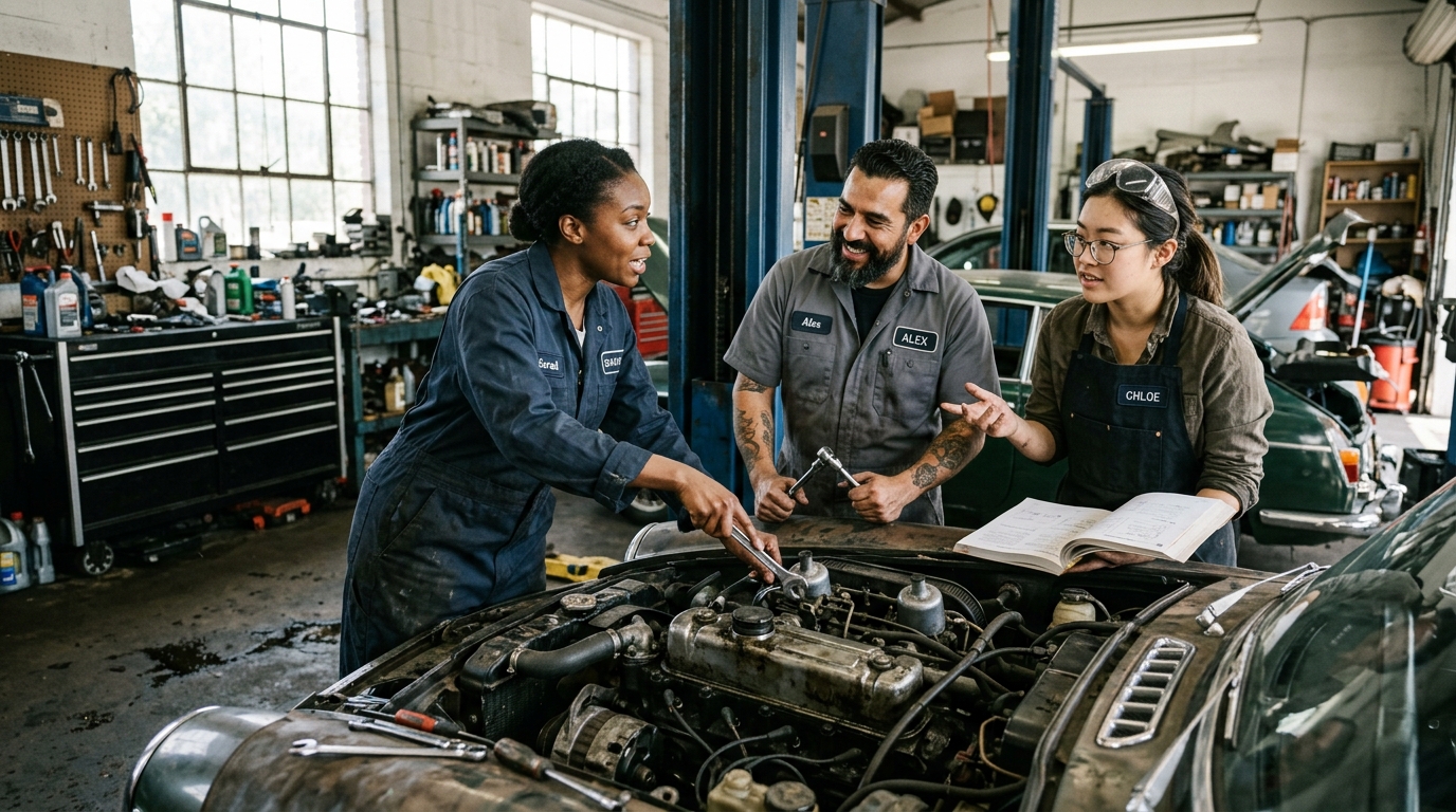 A diverse marketing team collaborating on an SEO content strategy around a whiteboard.