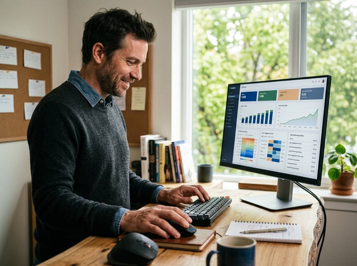 A solo founder efficiently managing their content strategy using an AI-powered dashboard.