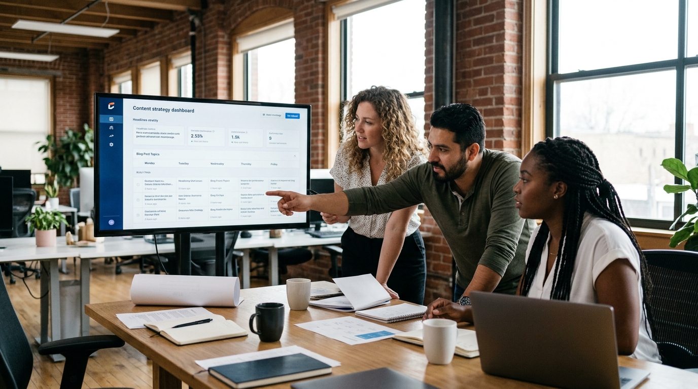 A diverse marketing team collaborating around a monitor displaying a content strategy dashboard in a modern office.