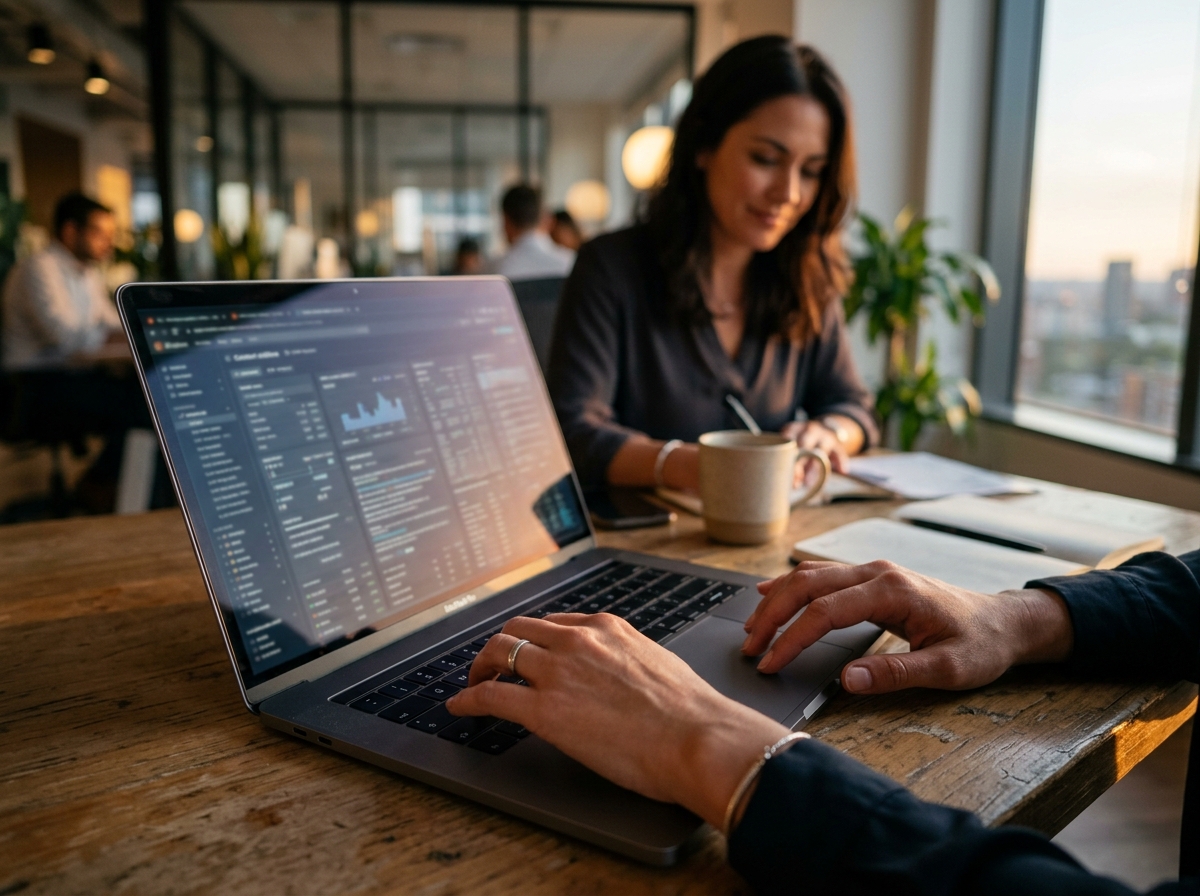 A content strategist's hands on a keyboard, with a screen showing a complex content outline and SERP data in the background.