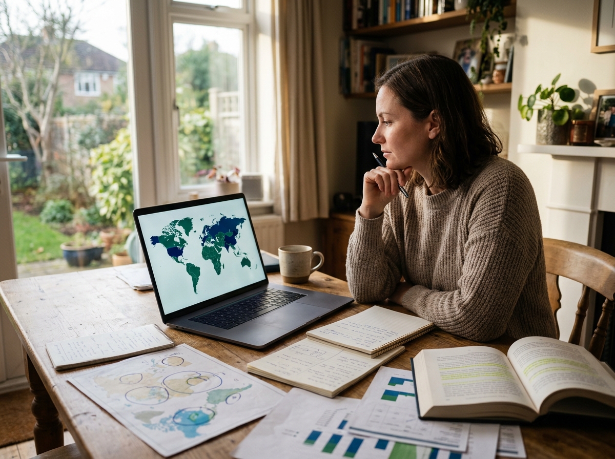 A solo founder in a home office looking at a laptop displaying a world map, planning global market expansion.
