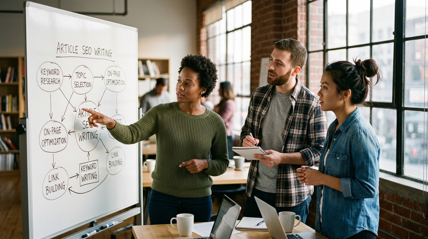A diverse team of content marketers collaborating on an article SEO writing strategy around a whiteboard.