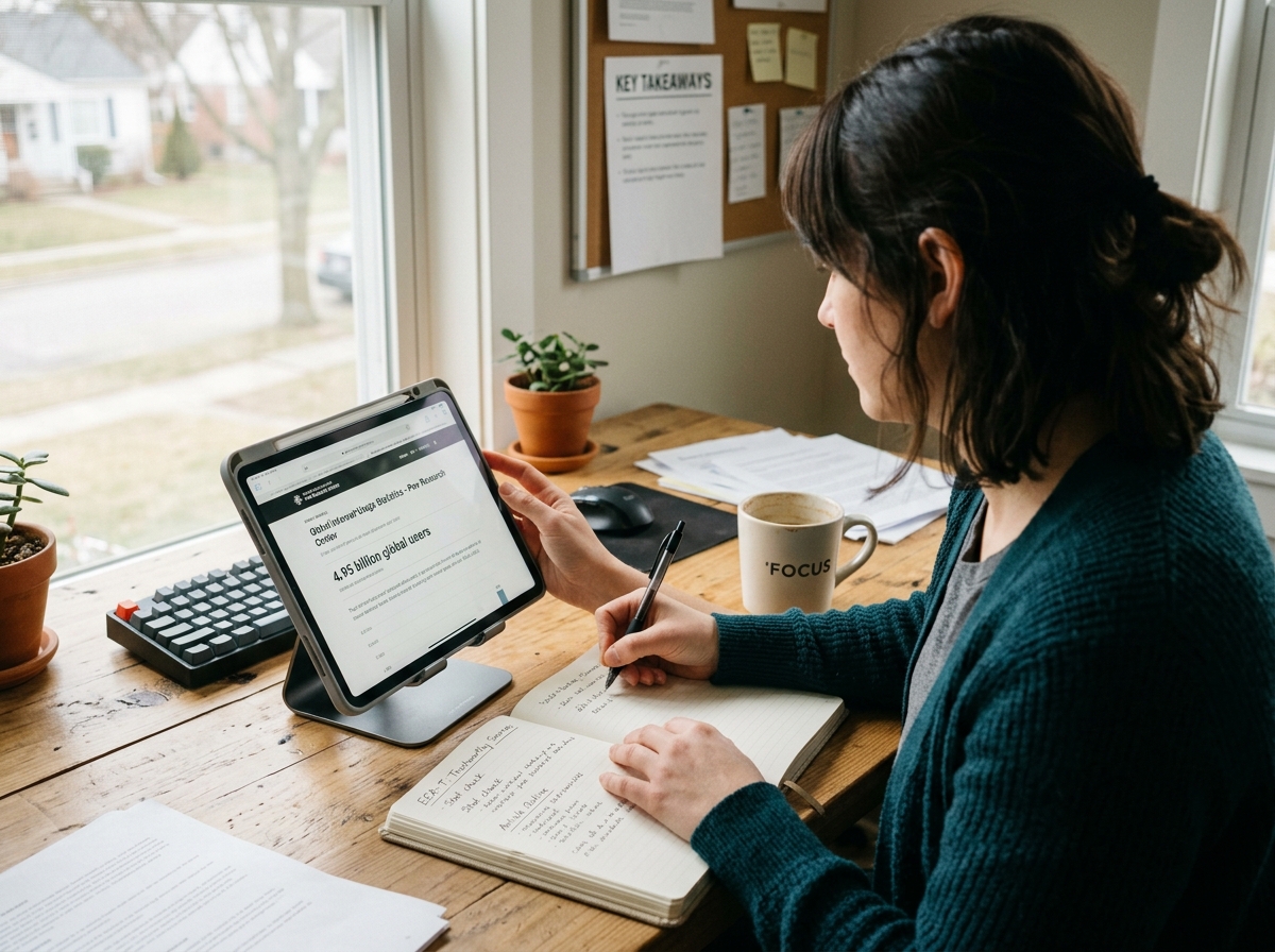 A writer carefully fact-checking information for an SEO article to ensure trustworthiness.