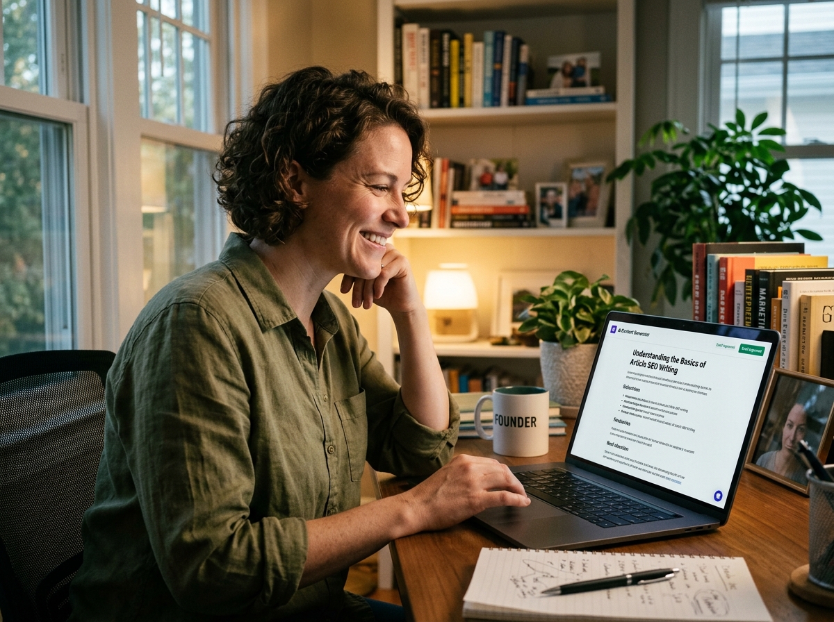 A small business owner efficiently reviewing an AI-generated SEO article on their laptop.
