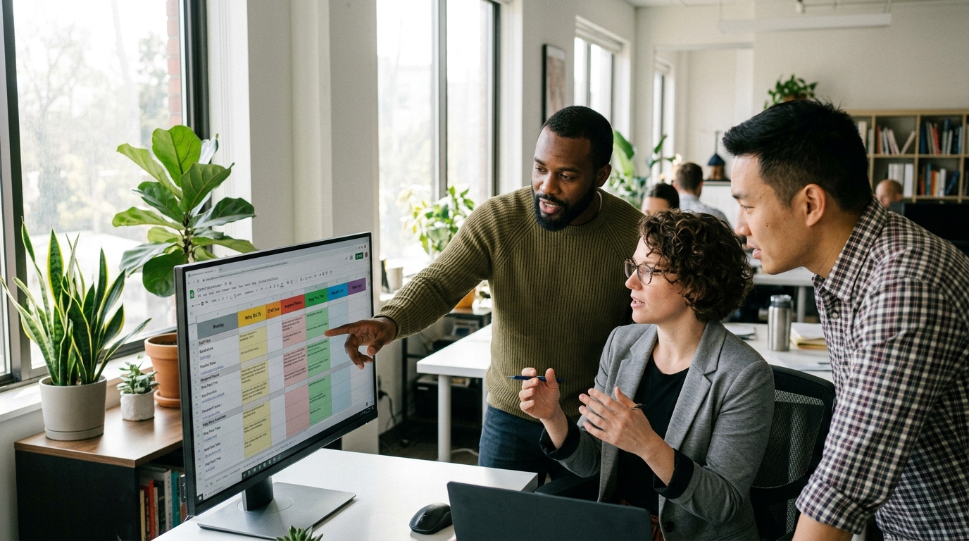 A marketing team collaborating on a content distribution strategy in a modern office.
