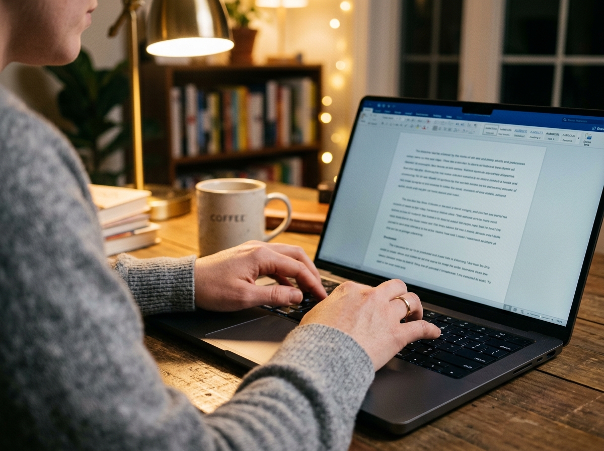 A close-up of a writer's hands typing a high-quality article on a laptop.
