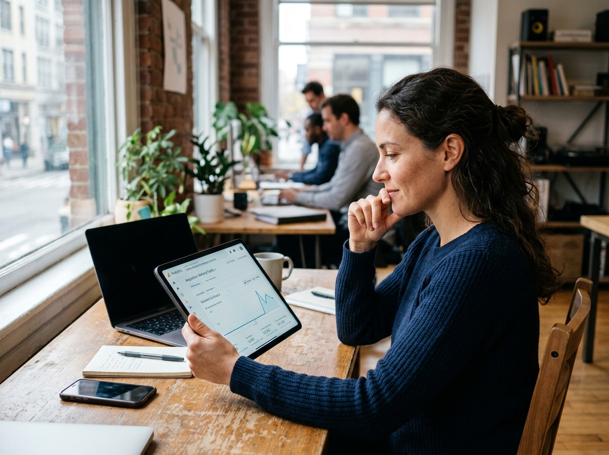 A business founder analyzing referral traffic data in Google Analytics on a tablet.