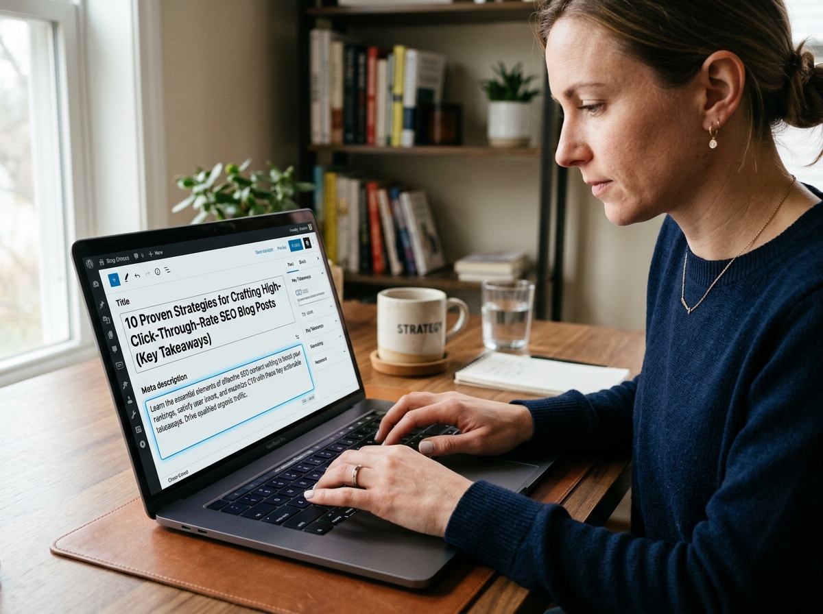 Un spécialiste SEO optimisant les balises de titre et les méta-descriptions pour un article de blog.