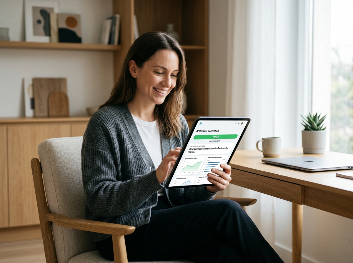 Un entrepreneur utilisant une tablette pour générer un article de blog SEO avec une IA.