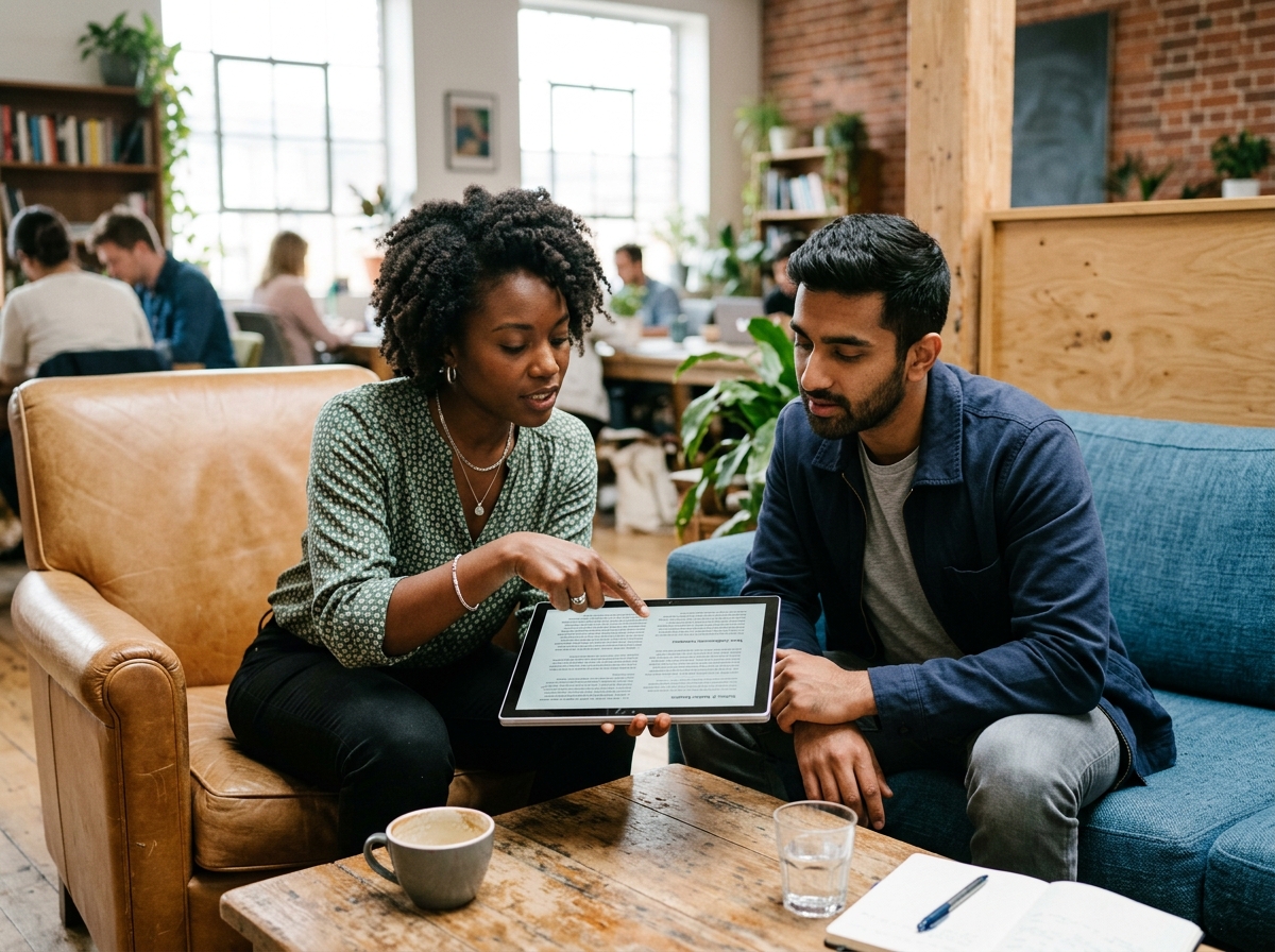 Two diverse startup founders collaborating on a long-form article draft on a tablet.
