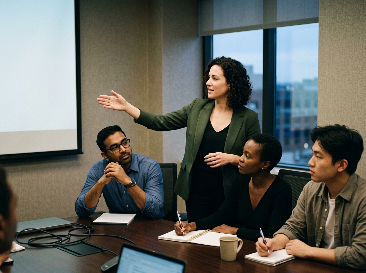 A marketing manager presenting a competitor analysis report with content gap opportunities to her team.