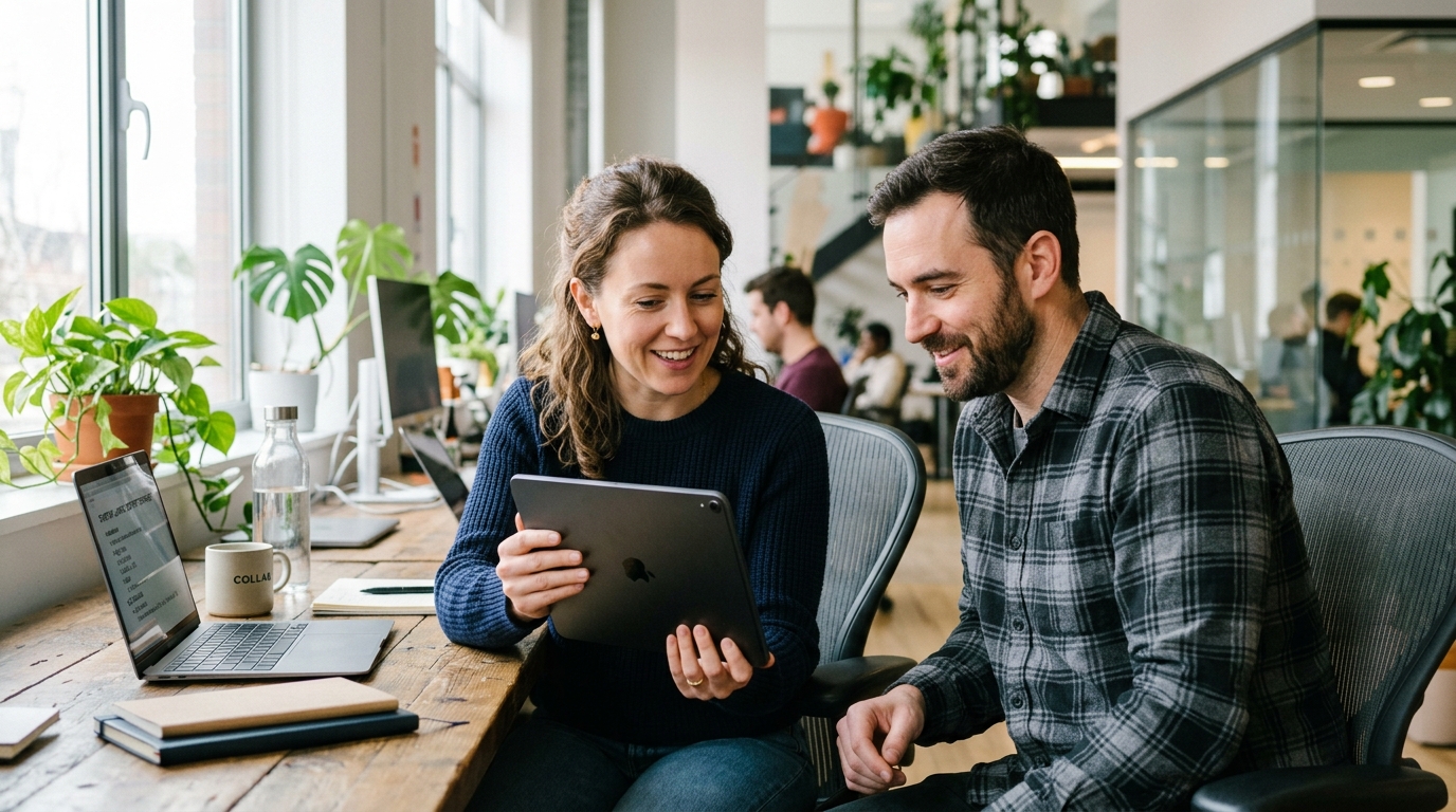 A content strategist and a startup founder collaborating on an SEO article structure on a tablet in a bright, modern office.