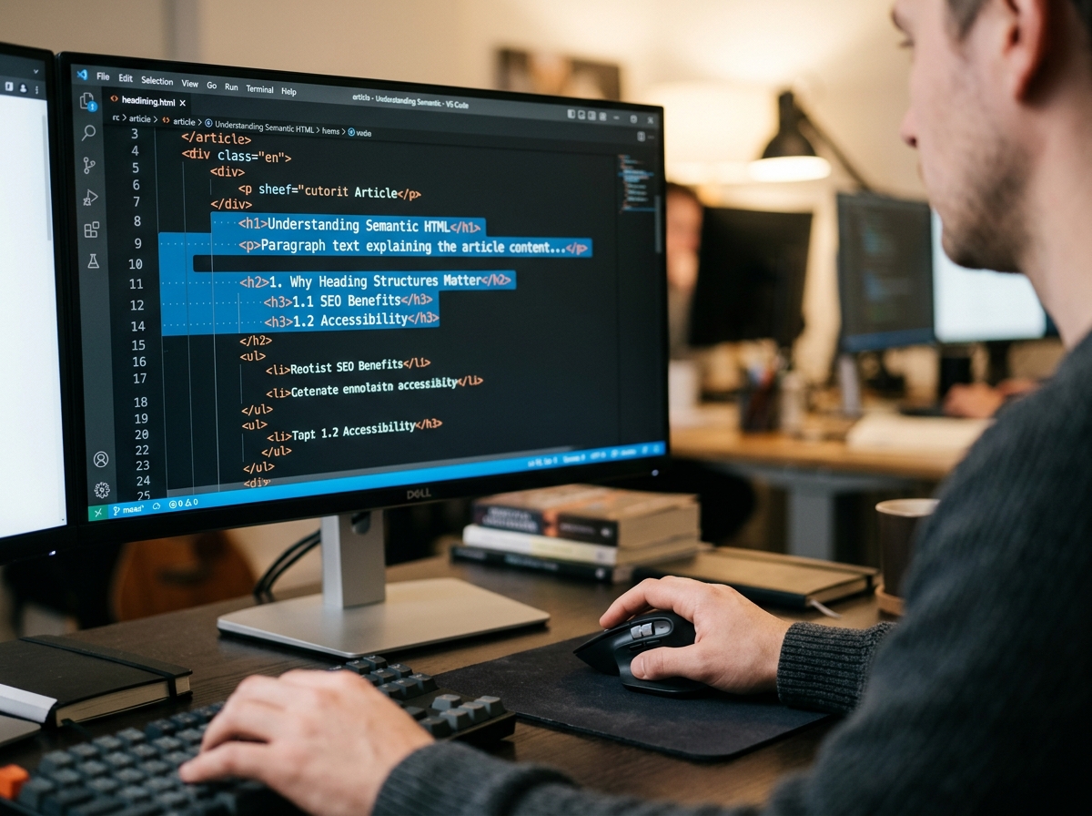 A close-up of a web designer highlighting the heading hierarchy (H1, H2, H3) on a large computer monitor.