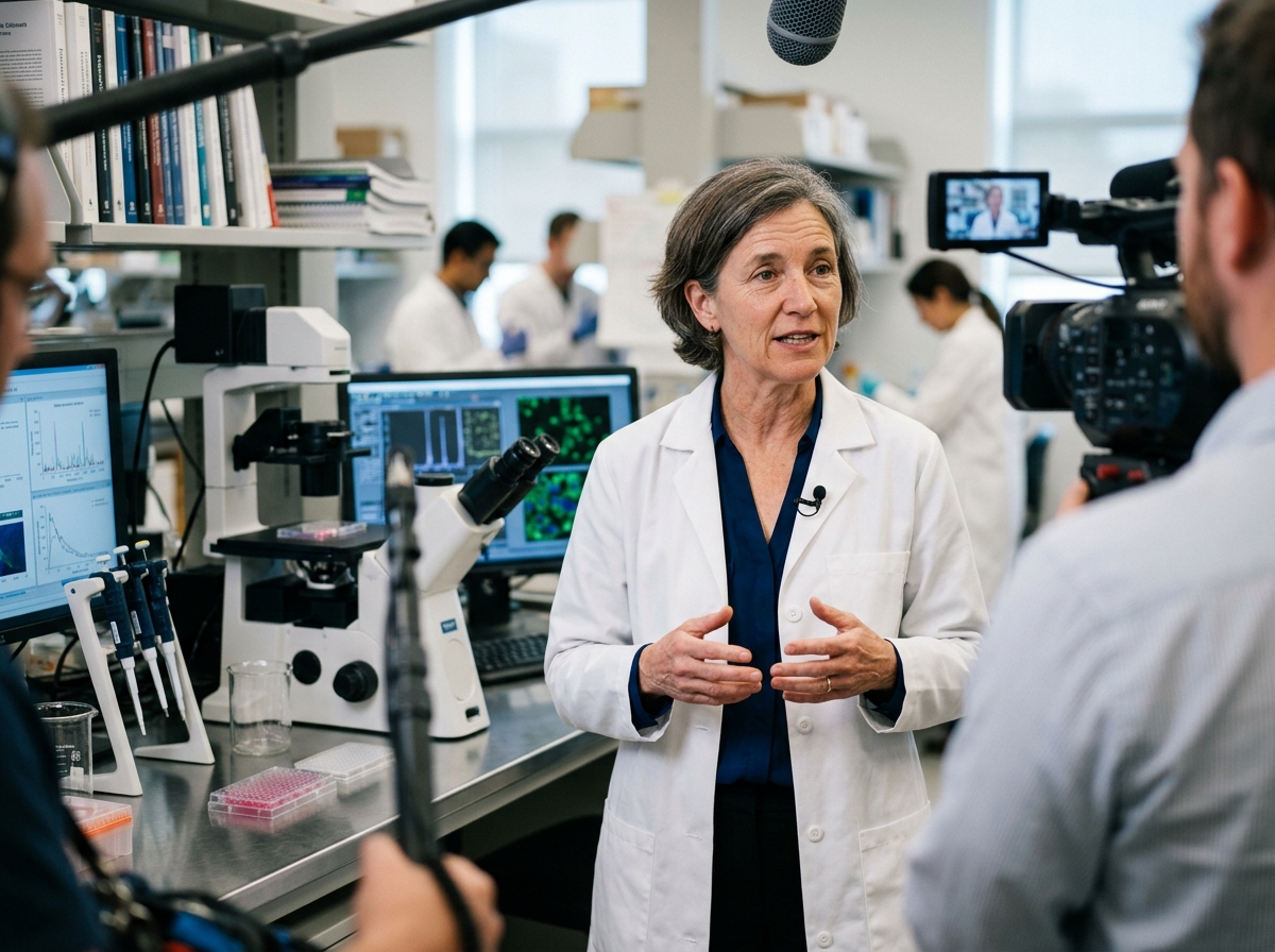 An authoritative expert in a lab coat being interviewed for a video, demonstrating E-E-A-T for an article.