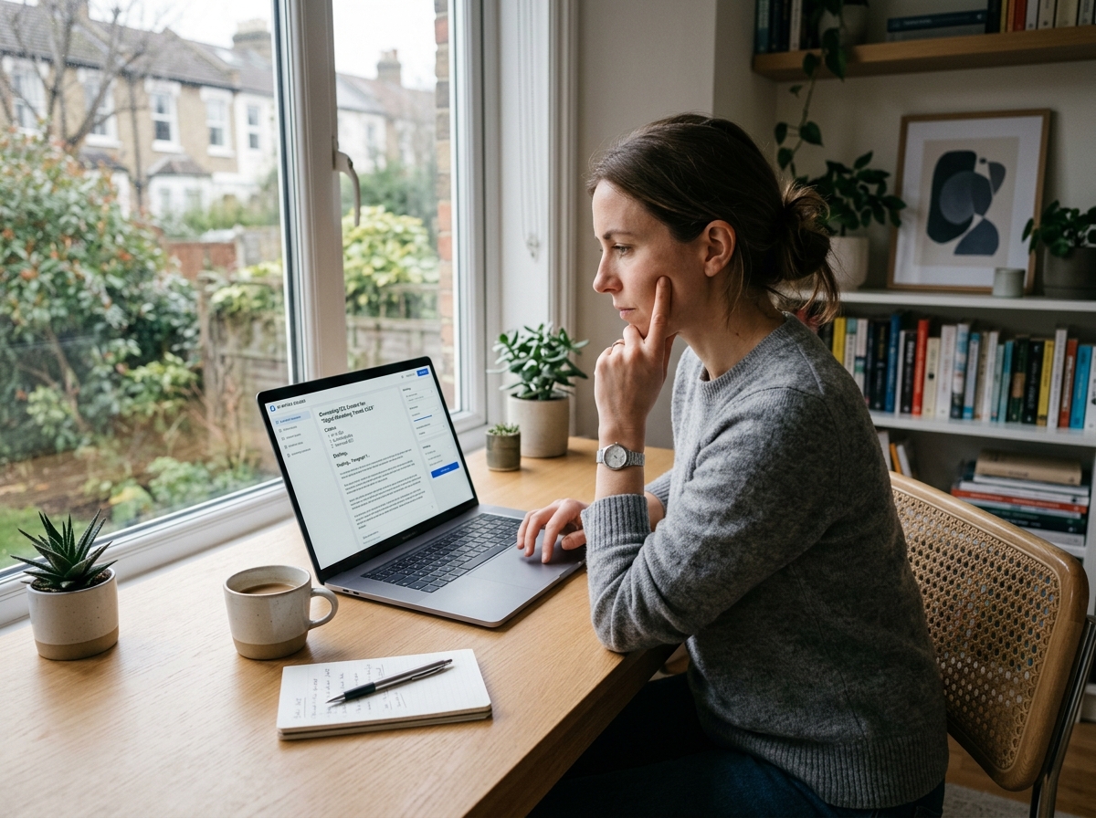 A solo entrepreneur strategically using an AI content generation tool on their laptop in a clean, minimalist workspace.