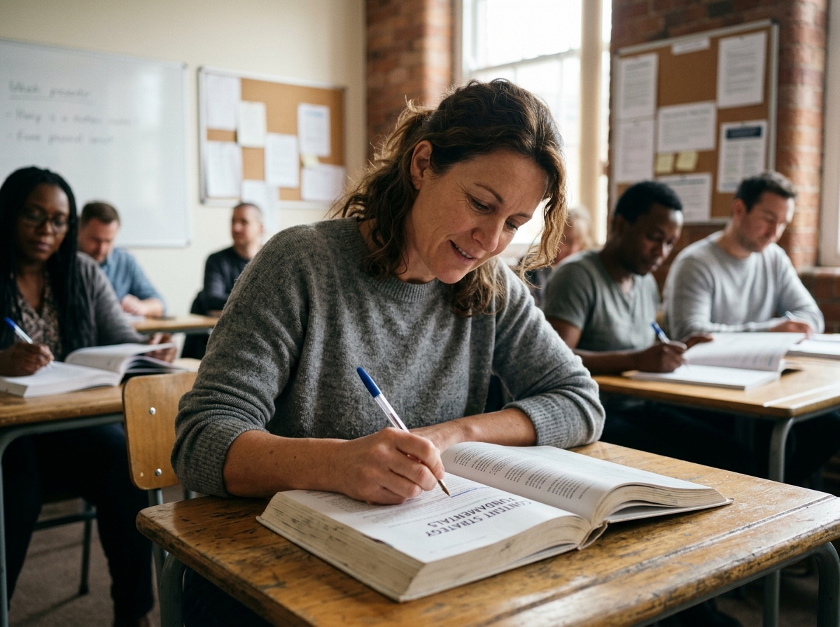 A small business owner looking at a graph showing organic traffic growth on a tablet, with their e-commerce warehouse in the background.