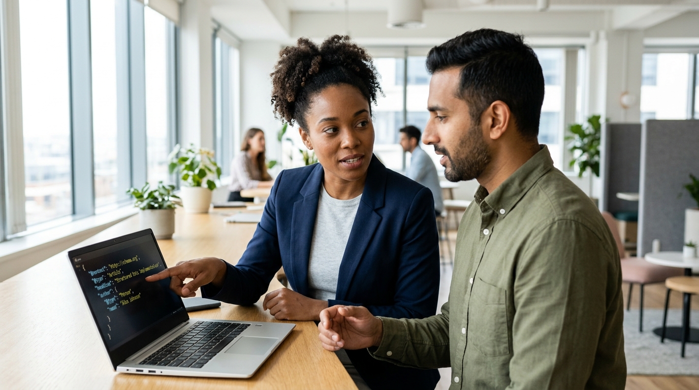 An SEO specialist and a content writer collaborating over a laptop displaying structured data code.
