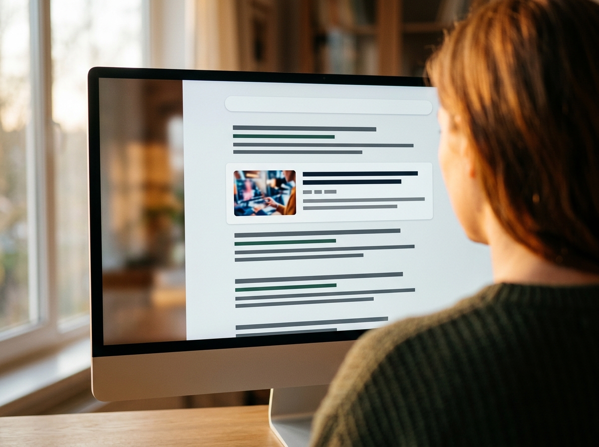 A close-up of a search engine results page showing an article with rich results, including a headline and image.