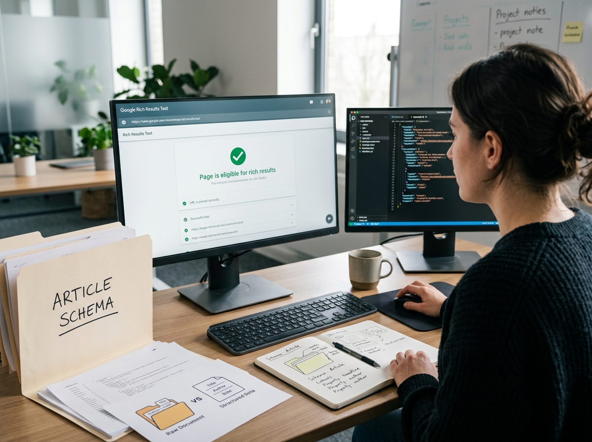 A developer validating JSON-LD code using Google's Rich Results Test tool on a monitor.