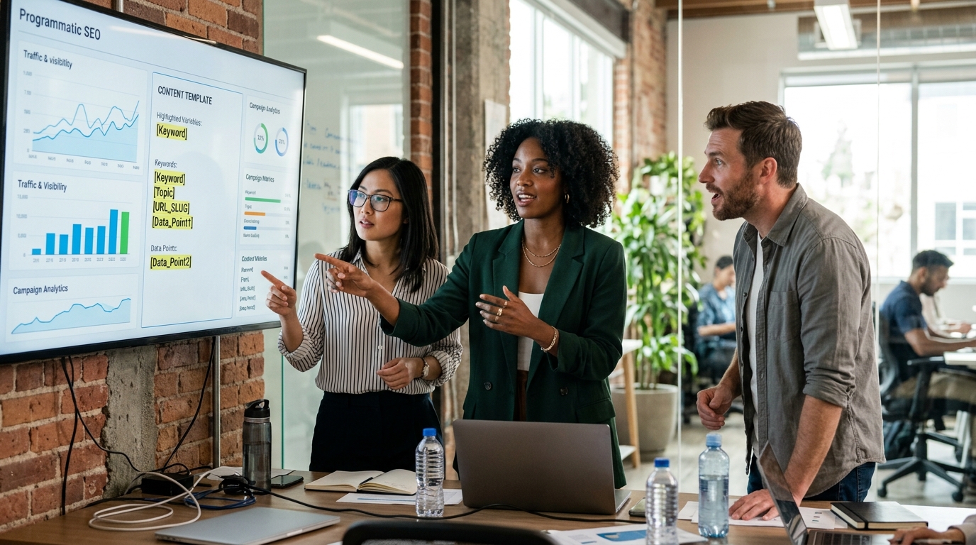 A diverse team of content strategists and data analysts collaborating around a large monitor displaying content templates and data visualiza
