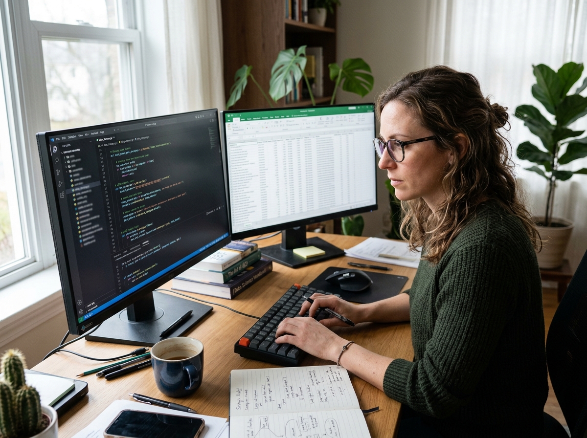 A data scientist focused on cleaning a large dataset on a multi-monitor setup in a home office.