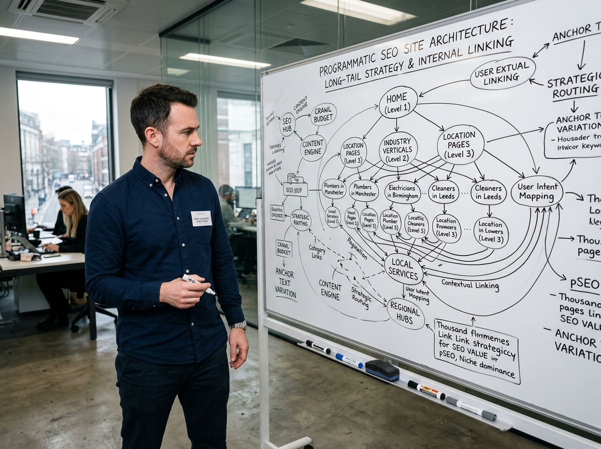 An SEO specialist sketching a complex internal linking architecture on a large whiteboard.